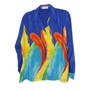 Efren Ocampo Long Sleeve Bright Blue Funky Blouse Size 16 Retro Style Date Work